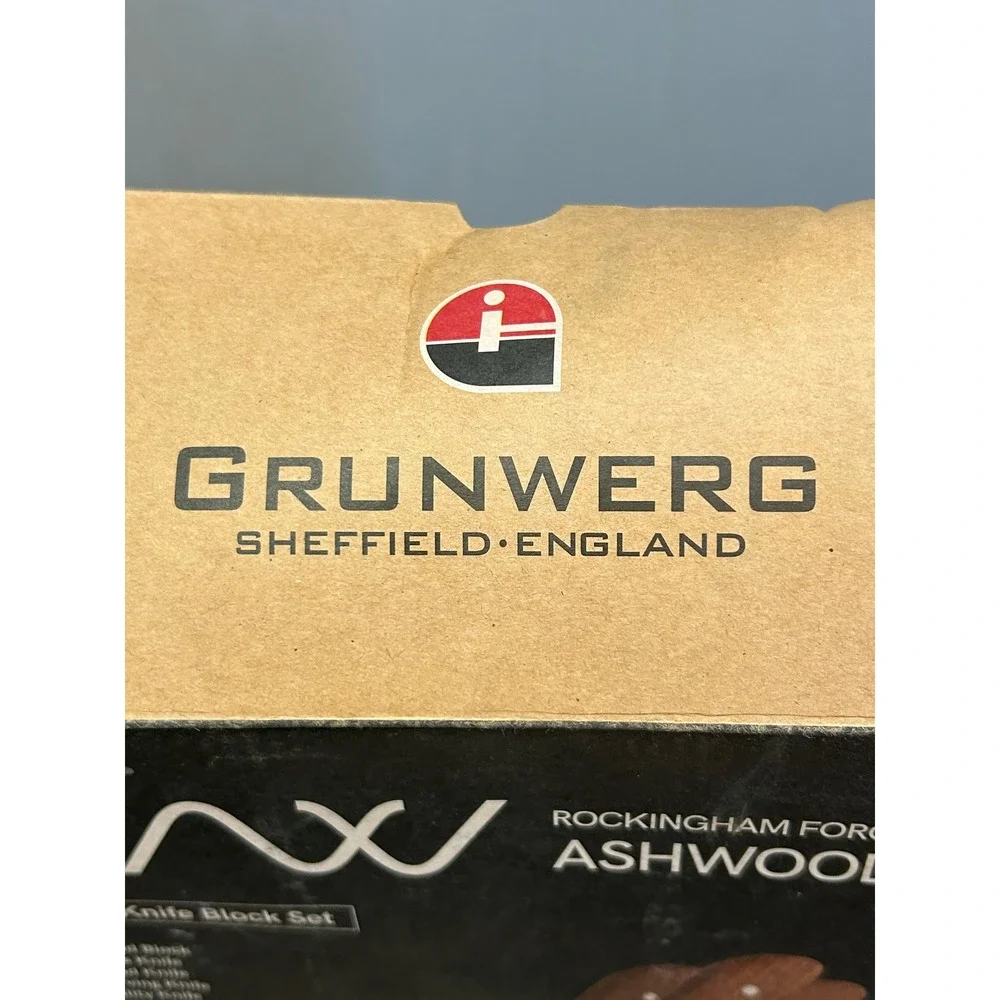 GRUNWERG Sheffield‎ England 6 Piece Knife Block Set Ashwood Handles